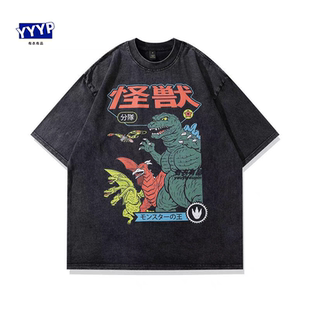 动漫怪兽分队海贼王复古原宿水洗做旧短袖 T恤男女情侣街头上衣潮