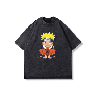Naruto动漫火影忍者鸣人街头美式复古宽松水洗做旧短袖T恤男上衣