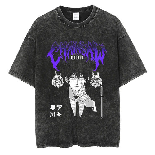 动漫电锯人Chainsaw Man电次早川秋帕瓦水洗做旧短袖T恤宽松上衣