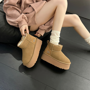 厚底内增高雪地靴女款2025新款冬季加绒加厚短筒皮面防水雪地棉鞋