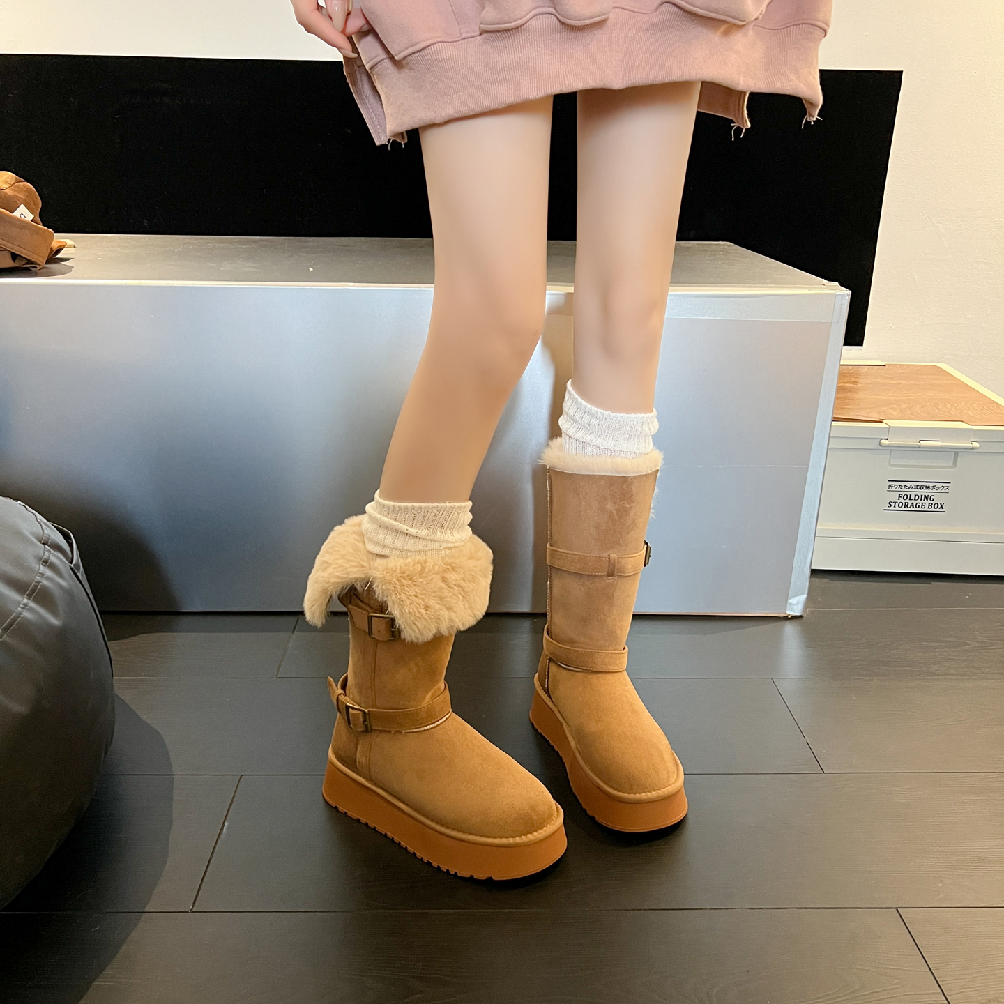 厚底毛毛加绒加厚保暖中长筒雪地靴女2025新款翻边两穿高筒棉鞋冬