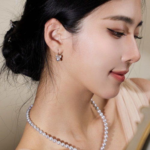 红桥珍珠 在逃公主海水AKOYA银蓝灰真多麻耳钩蝴蝶结