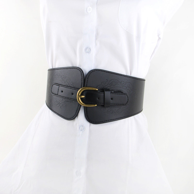 欧美宽腰封女配风衣衬衫百搭松紧腰带复古针扣束腰装饰压花皮带潮