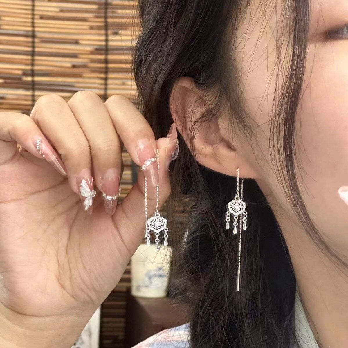 S999足银长款平安锁流苏耳线女气质小众国风新中式耳饰代发图片