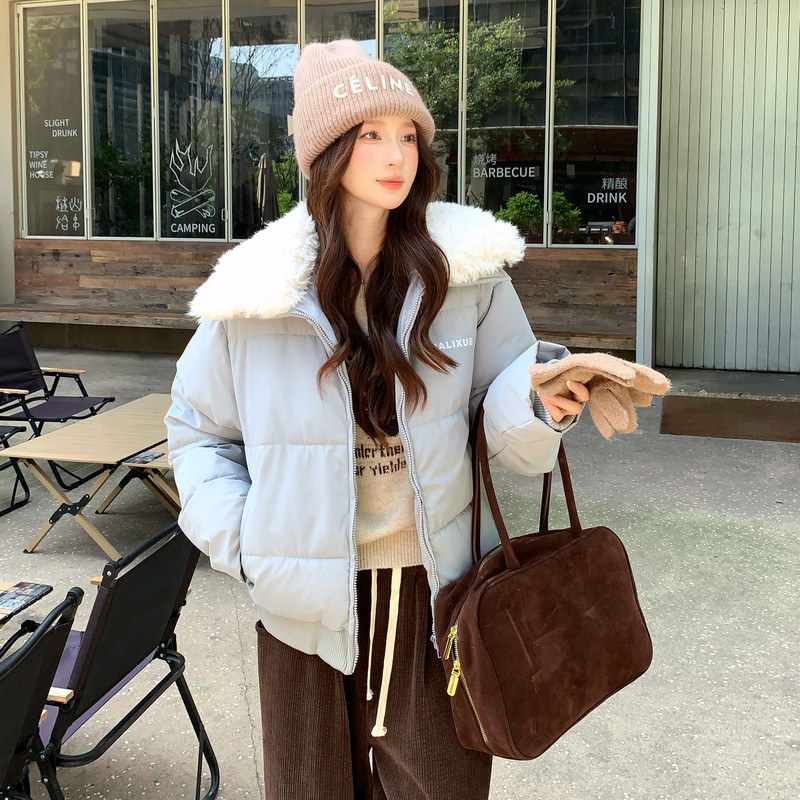 实拍美式羊羔毛领短款棉服外套女冬2025新款小个子面包服加厚加厚