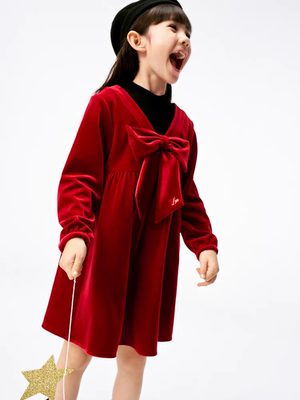 little moco童装25春女童长袖蝴蝶结连衣裙丝绒礼服裙 KBE1DRS030