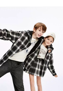 小moco专柜正品24年冬男女童格纹连帽棉服外套KBD4QJK010