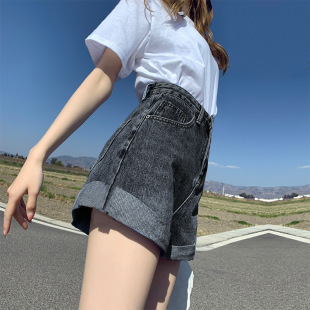 2025新款牛仔短裤女夏高腰百搭直筒宽松卷边韩版显瘦黑色阔腿热裤