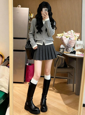 灰色日系jk毛呢百褶短裙女秋季2026年新款高腰显瘦a字西装半身裙