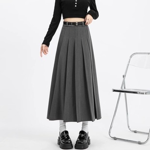灰色西装半身裙女春秋冬季2025新款高腰显瘦垂感a字伞裙百褶长裙