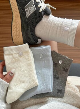 灰色蝴蝶结袜子女早春网红ins运动防臭日系刺绣25新款长筒堆堆袜