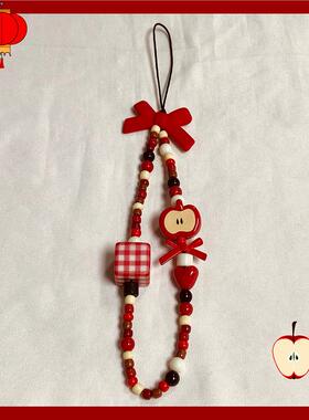 半个平果红色蝴蝶结手机链挂绳串珠可爱ccd相机钥匙扣挂件挂饰ins