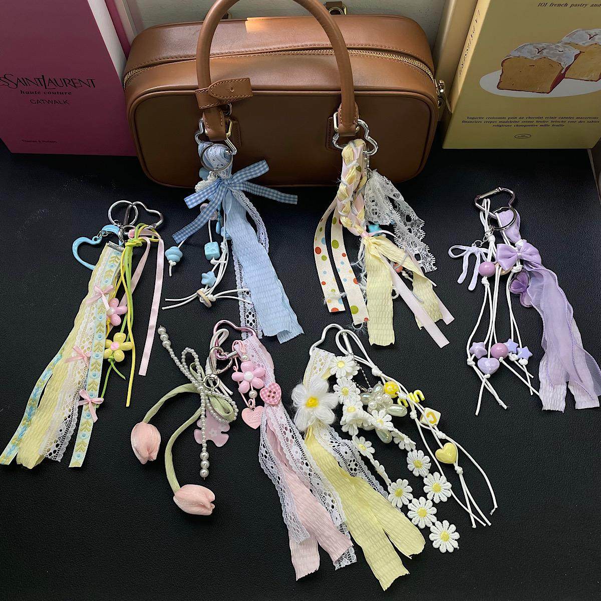 蕾丝蝴蝶结丝带小众个性车钥匙扣包包挂件miu系情侣编织挂绳包挂