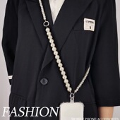 手机链挂脖斜挎可背加长挂链高端时尚 珍珠两用可拆卸通用带夹片