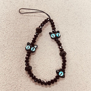 小怪兽猫咪头手机链短款黑色系挂绳ccd相机挂件手机壳通用女款