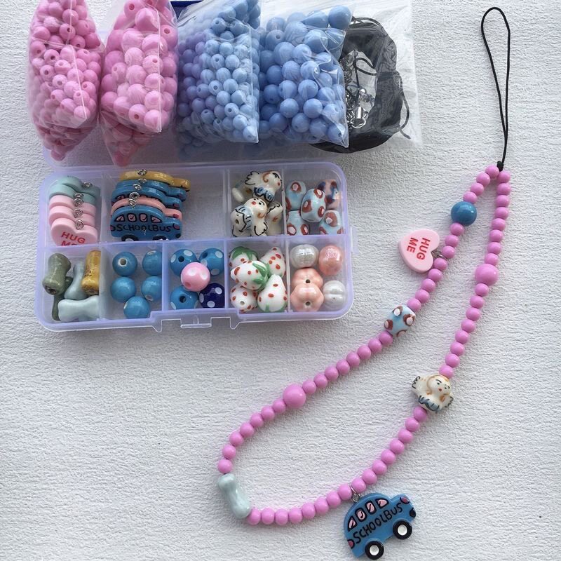 ins蓝色小汽车ccd相机手绳diy撞色珠子手机链挂绳手机壳挂件趣味