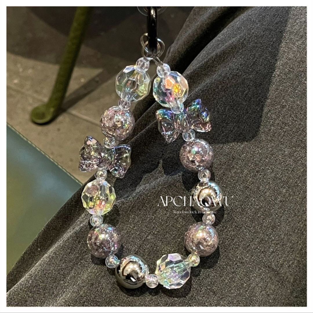 简约灰色蝴蝶结手机挂链潮女百搭包包挂绳饰品钥匙扣链条ccd