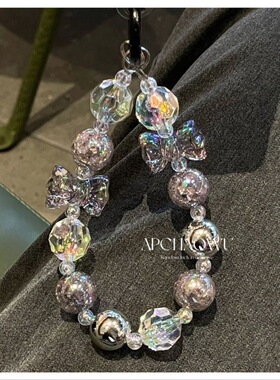 简约灰色蝴蝶结手机挂链潮女百搭包包挂绳饰品钥匙扣链条ccd