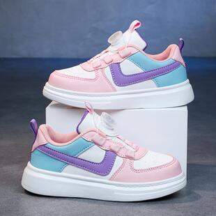 ABCkings女童鞋子儿童运动鞋春秋款透气小白鞋旋纽扣软底时尚板鞋