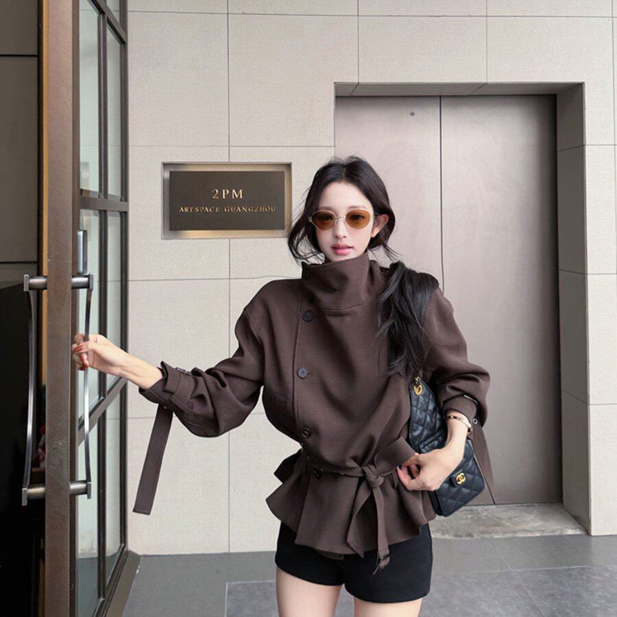 新款秋装复古双排扣绑带短款风衣外套女