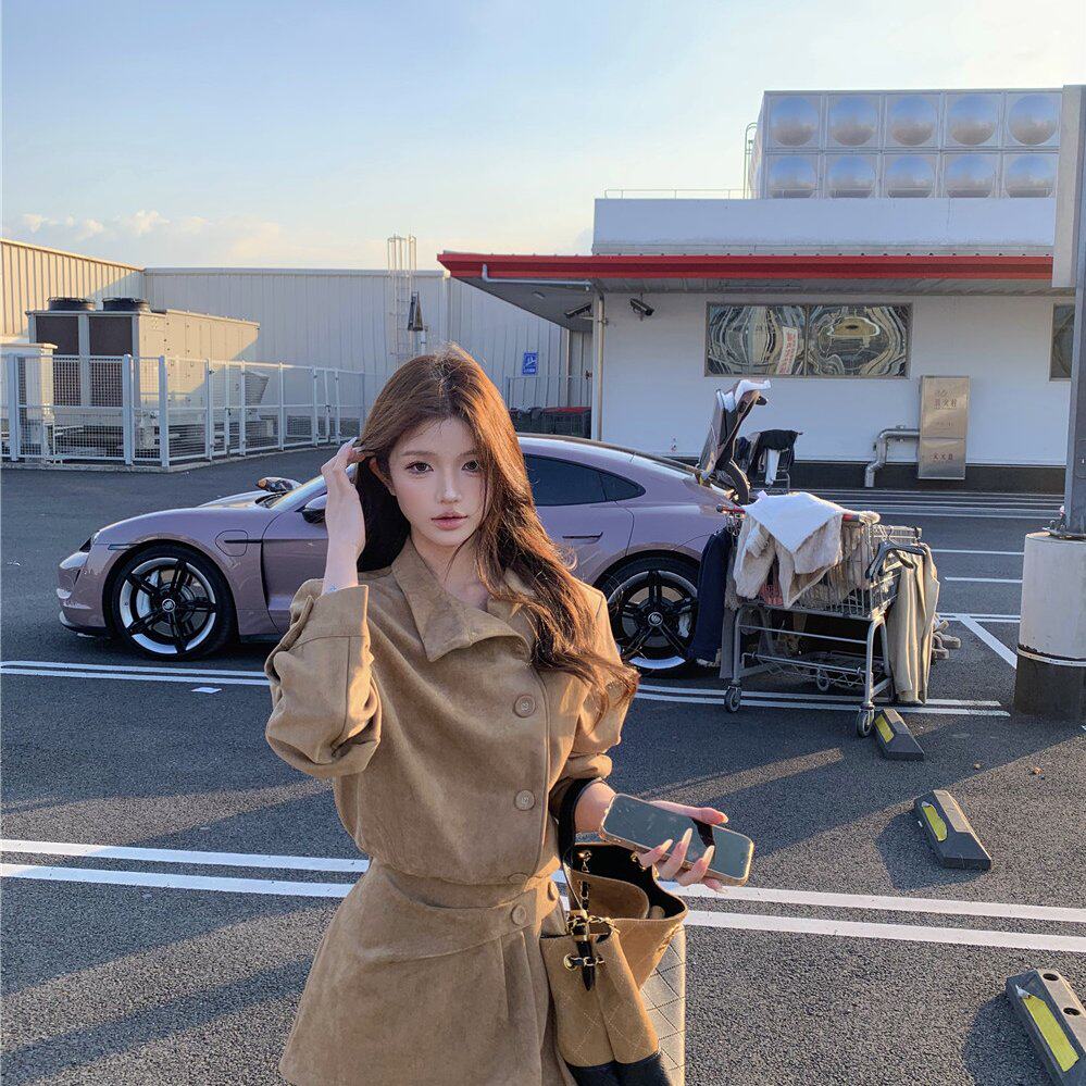 秋冬季新款韩版复古时髦百搭设计感麂皮连衣裙修身中长裙女