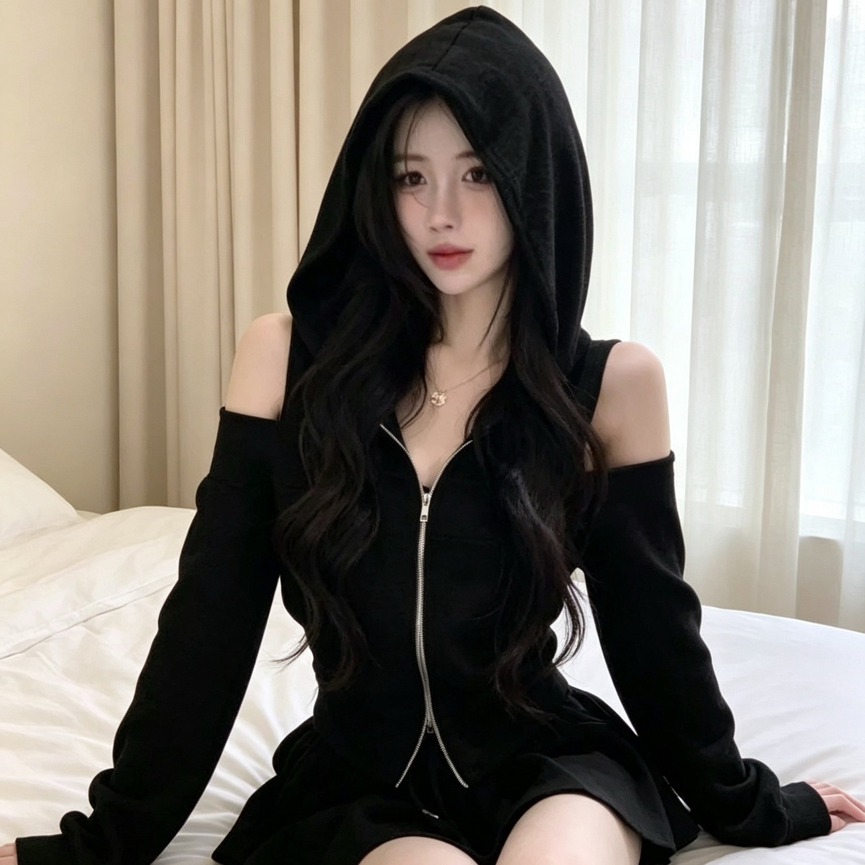 韩版秋季新款甜美设计感连帽拉链露背卫衣花苞短裙减龄穿搭两件套