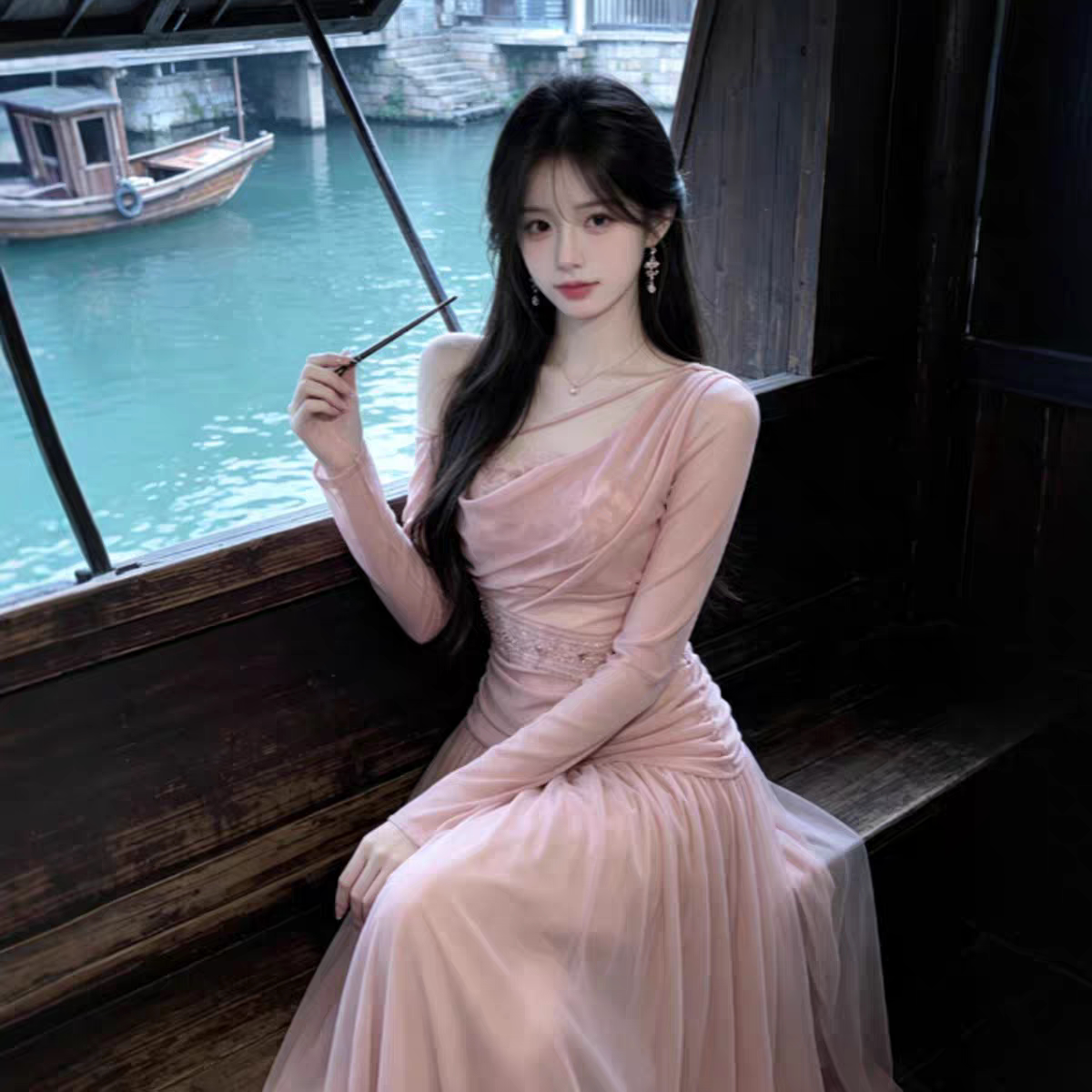 御姐穿搭小众设计感斜肩收腰修身连衣裙时尚气质女款长裙2026夏季