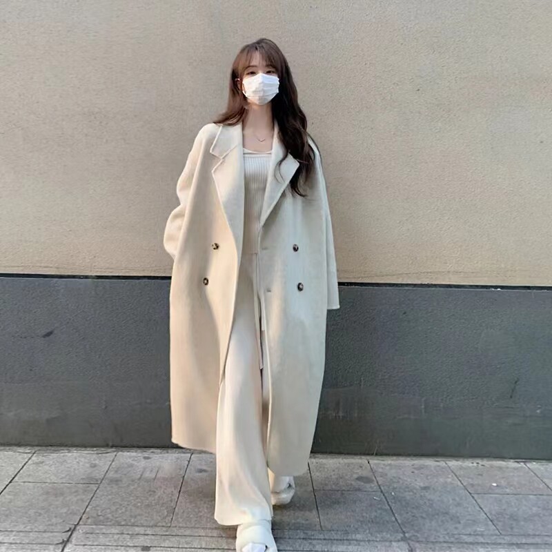 米白色双面羊绒呢子大衣女中长款2023年新款秋冬双排扣毛呢外