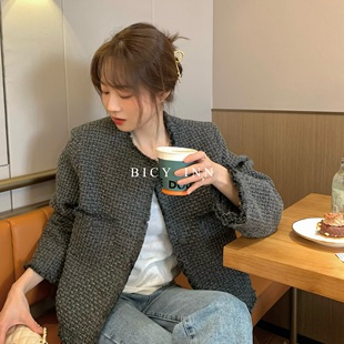 时髦香奶灰絮边上衣韩通勤 经典 白纱音 羊毛小香杂灰色粗花呢外套