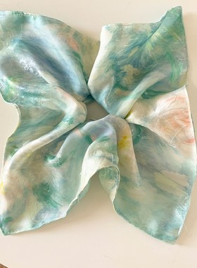 新中式蓝色天丝方巾大肠发圈女高级感头饰超大号方形发绳