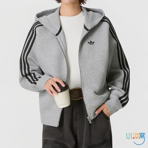 正品Adidas阿迪达斯三叶草简约女短款运动休闲连帽夹克外套JY2620
