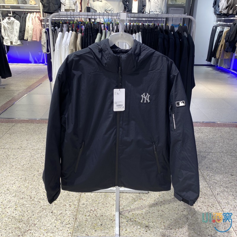 正品MLB男女款NY小标连帽羽绒服