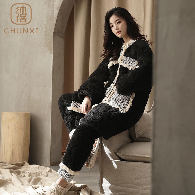 三层夹棉珊瑚绒睡衣女冬保暖套装