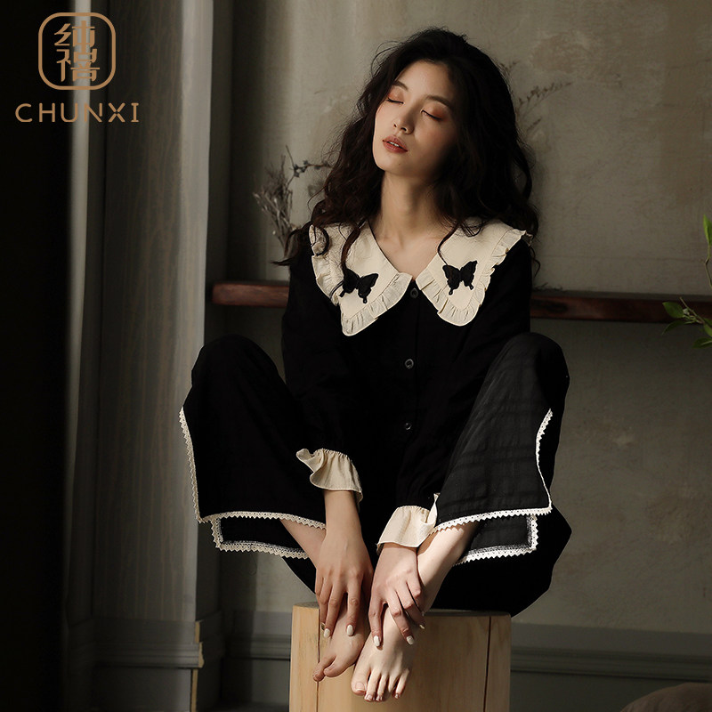 睡衣女士春秋纯棉布料100全棉不起球公主风家居服黑色大码高级感,女士内衣/男士内衣/家居服,睡衣/家居服套装,淘宝优惠券,粉丝福利购,淘宝优惠卷