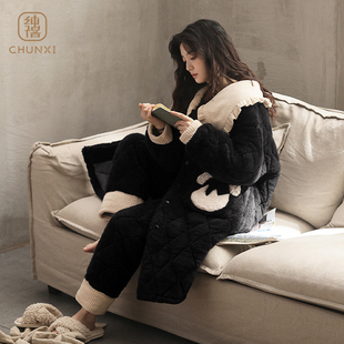 长款睡袍睡衣女冬季三层夹棉加绒加厚洋气黑色大码可外穿居家服