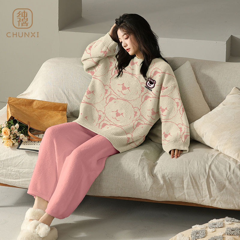 珊瑚绒睡衣女士冬季保暖半边绒