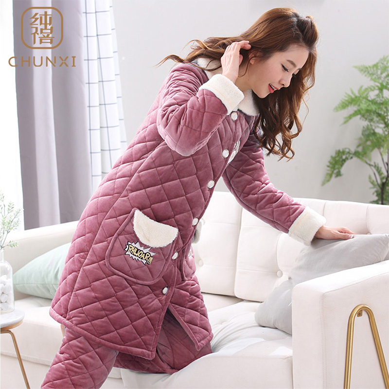 冬季珊瑚绒夹棉睡衣女士三层加厚中长款法兰绒甜美家居服两件套装