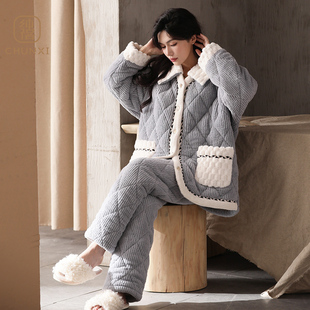 睡衣女冬季加厚加绒三层夹棉2024新款家居服小香风可外穿湖南省服