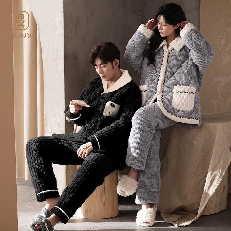 纯禧情侣睡衣女冬季三层加厚夹棉