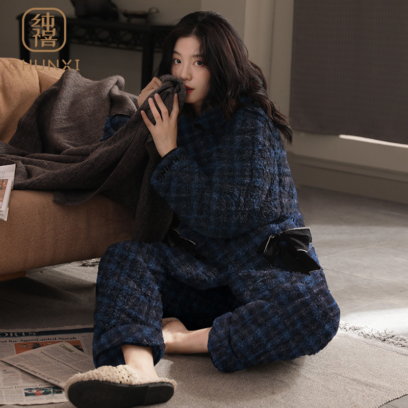 睡衣秋冬季加绒三层家居服夹棉袄