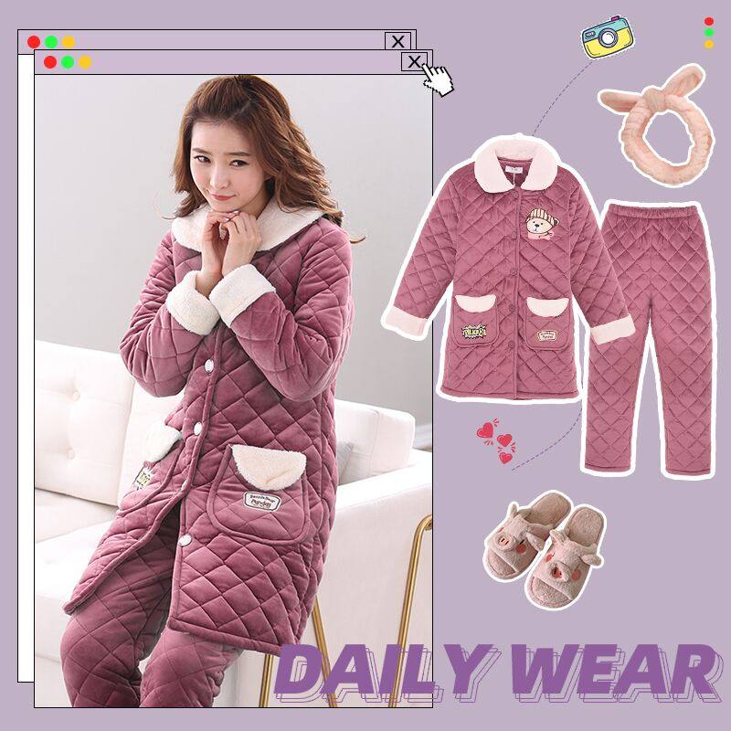 纯禧睡衣女秋冬季珊瑚绒加厚加绒长款可爱卡通法兰绒可外穿家居服