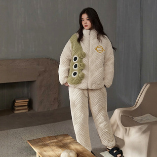 睡衣女冬季珊瑚绒三层加厚夹棉袄加绒拉链立领学生卡通保暖家居服