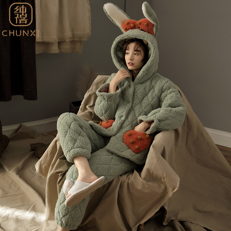 冬季加绒女士可外穿夹棉家居服