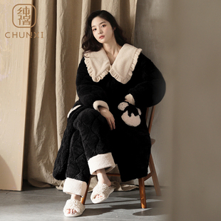 纯禧三层夹棉珊瑚绒睡衣女冬季保暖加绒加厚家居服可外穿睡袍套装