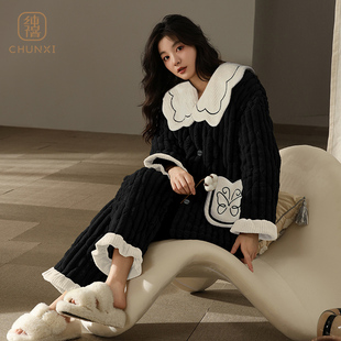 冬季三层夹棉睡衣女加厚加绒女士冬天可外穿黑色娃娃领大码家居服