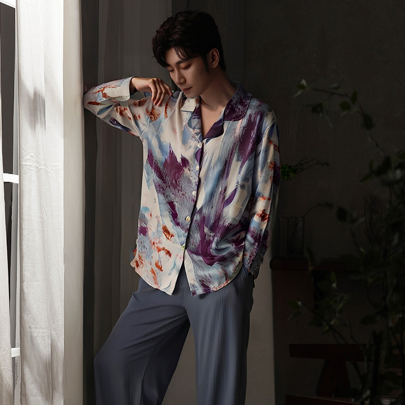 凉感睡衣男士长袖冰丝薄款家居服