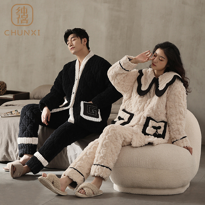 情侣珊瑚绒睡衣女冬季加厚三层
