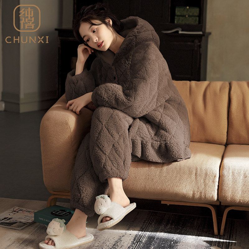 睡衣秋冬季珊瑚绒夹棉加厚家居服