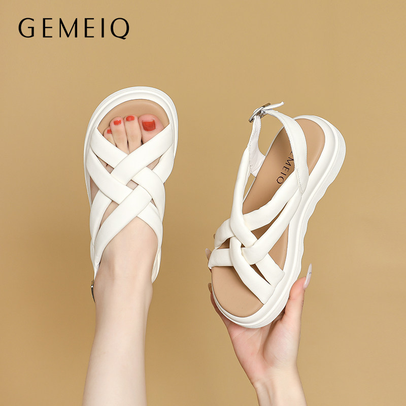 戈美其厚底凉鞋女款软皮不磨脚夏季外穿配裙子一字带高跟罗马鞋女