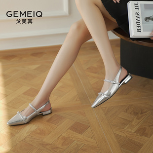 戈美其2026年夏新款银色蝴蝶结粗跟高跟鞋女尖头凉鞋法式气质单鞋